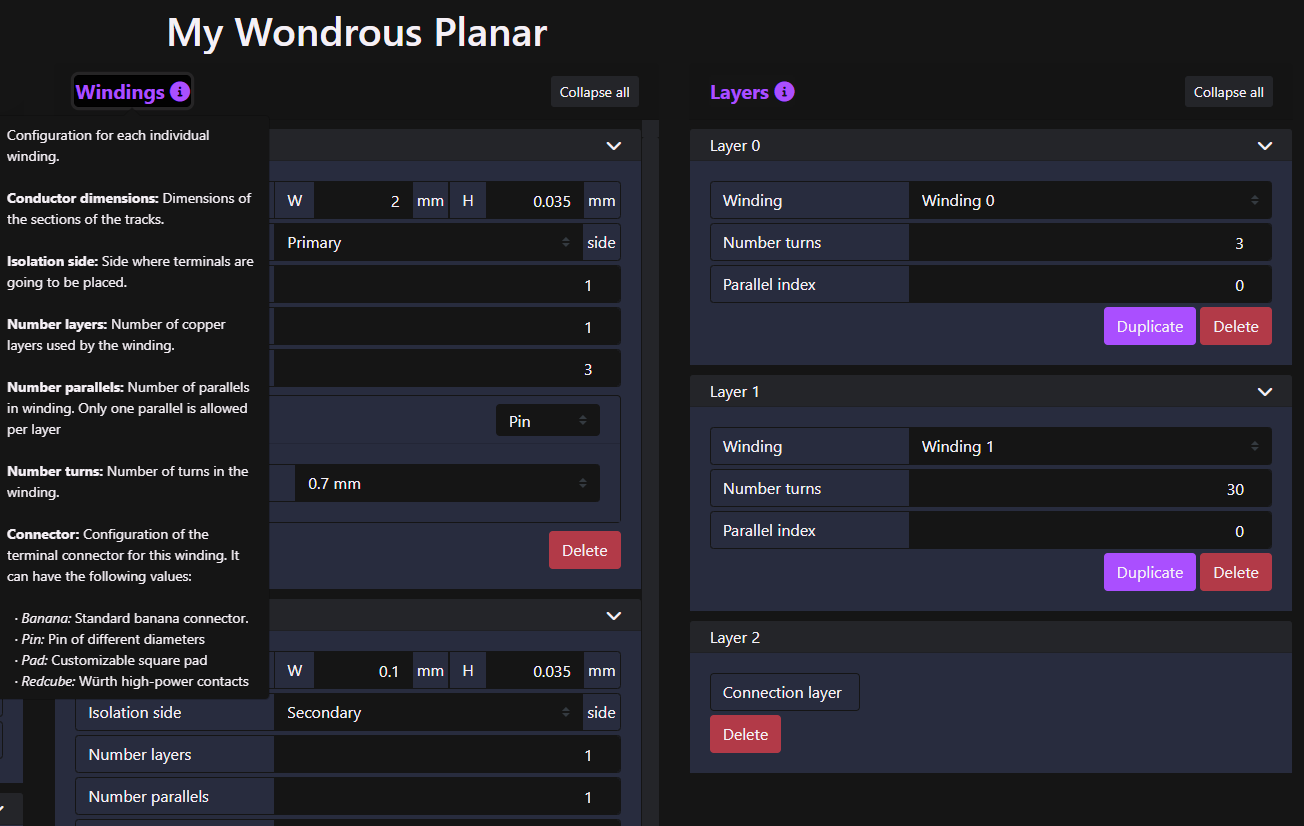Screenshot of the planar design editor tool with the tooltip for windings