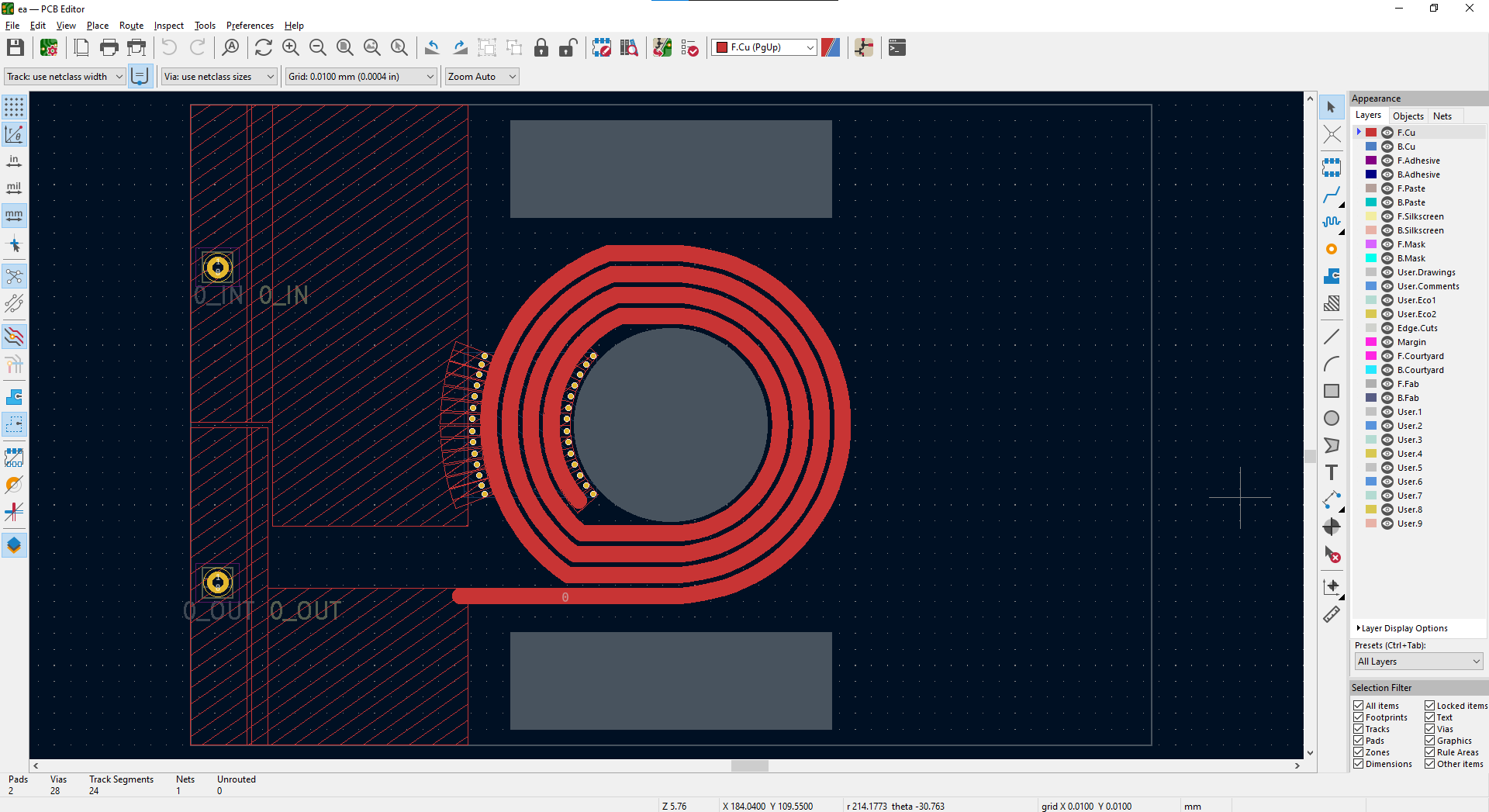 PCB layout of a planar inductor automatically designed in KiCAD