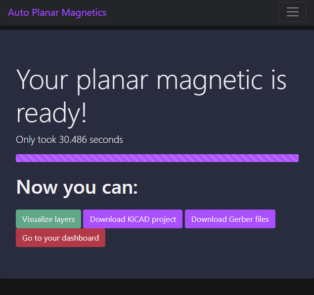 Time bar with the progress of the planar magnetic and all available options: layers, gerber and project